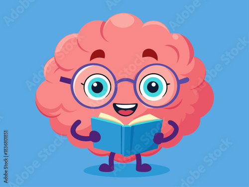 Cute cartoon brain character wearing glasses reads a book