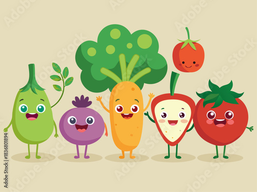 Happy cartoon vegetables and fruits group