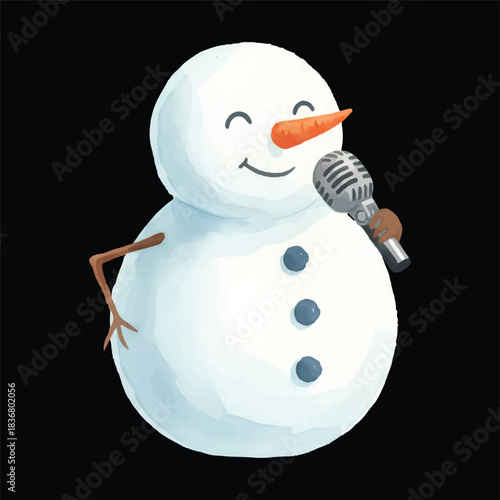 Cute snowman singing with microphone vector watercolor illustration, isolated winter cartoon
