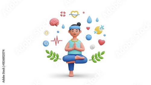 3d cartoon person practicing yoga with health symbols. Suitable for wellness, exercise, meditation, and healthy lifestyle concept designs.