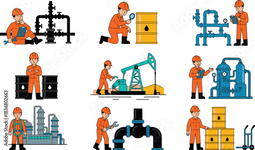 Oil and Gas Industry Workers Set: Illustrations of Engineers, Refinery Equipment, Pipelines, Oil Barrels, and Pump Jack Operations.
