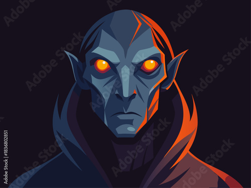 Menacing vampire with glowing orange eyes and dark cloak