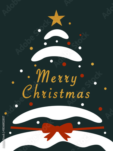 Merry christmas greeting card with ornament tree for christmas day. Color red, green, white and gold