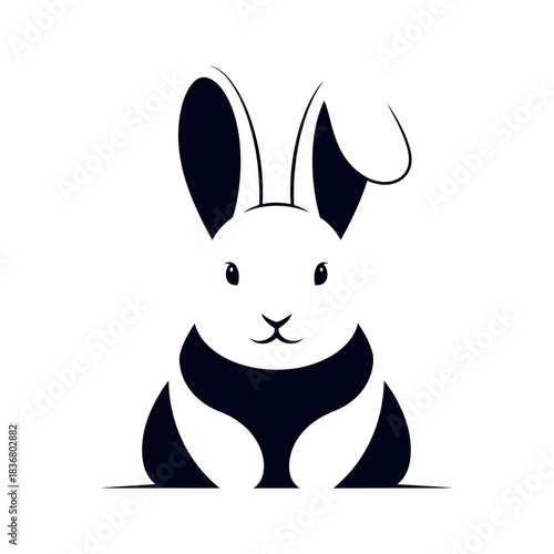 A minimalist black and white graphic illustration of a rabbit with large ears, one slightly bent, facing forward in a simple, stylized design.