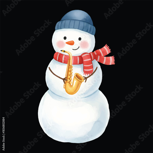 Cute snowman playing saxophone vector watercolor illustration, isolated winter cartoon
