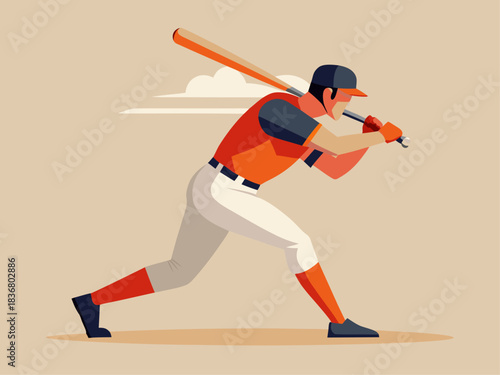 Stylized baseball player swinging bat in action pose