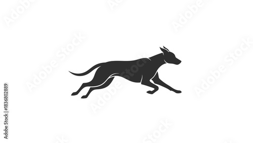 Black silhouette of a running dog, possibly a greyhound, depicted in a minimalist graphic style on a white background.