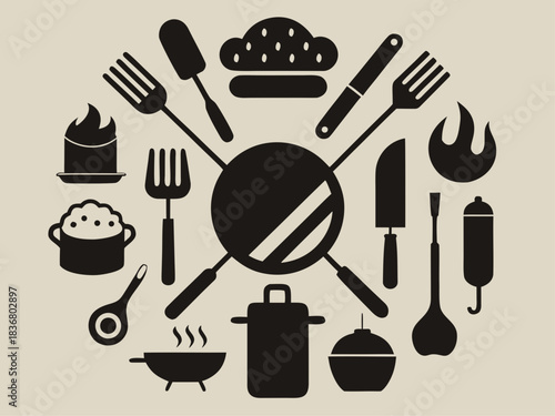 Culinary icons arranged in a circle with cooking utensils and food