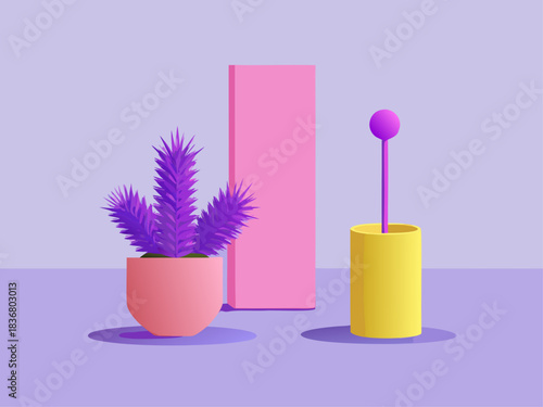 Minimalist still life with purple plant and abstract shapes