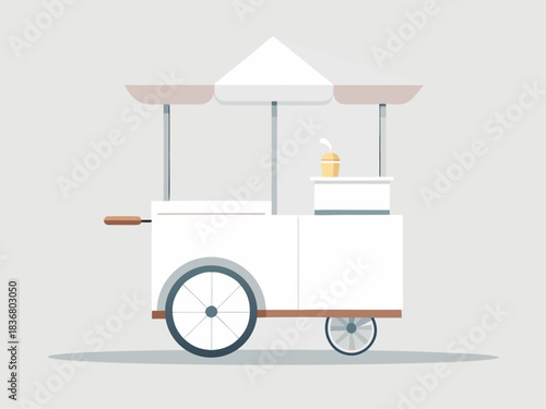 Minimalist white food cart with umbrella and ice cream