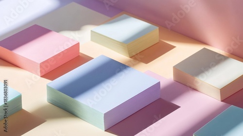 Colorful paper stacks in pastel shades with soft shadows on a light background for creative projects and designs
