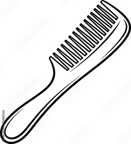 Simple Black and White Outline Drawing of a Plastic Hair Comb, Featuring Fine Teeth and Handle for Styling, Grooming, and Haircare Graphics.
