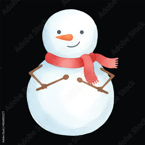 Cute snowman playing drumsticks vector watercolor illustration, isolated winter cartoon
