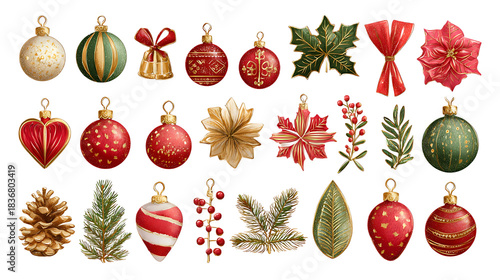 Collection of Christmas ornaments and decorations festive holiday elements for winter season design on white background.