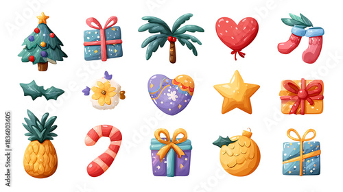 Christmas and tropical holiday icons festive gift boxes tree palm heart star and stocking isolated on white background.