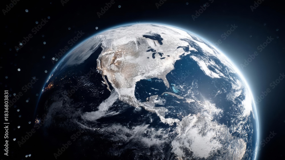 Fototapeta premium Stunning view of Earth from space, showcasing North America and surrounding oceans under a starry sky.