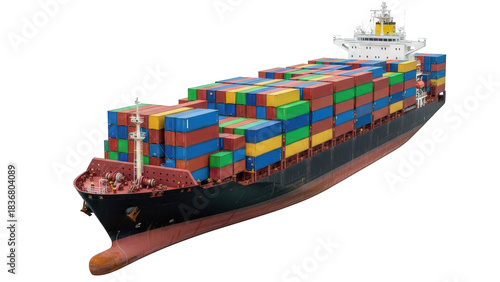 Large cargo container ship transporting goods for global commerce isolated on transparent background
