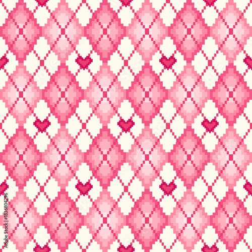 Argyle traditional vector pattern. Seamless geometric illustration pattern. Argyle vector pink heart pattern repeat Seamless geometric background clothing, wrapping paper, backdrop, pixelated