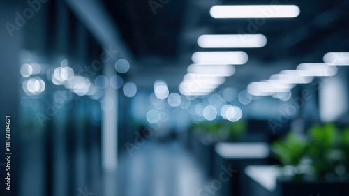 Modern office corridor with soft bokeh lights, business interior design, calm mood, contemporary work culture open space with blur depth and clean lines for corporate background and creative