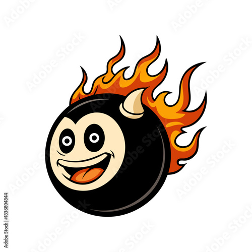 Fiery devilish pool ball character with a wide grinning smile