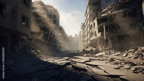 Deserted urban street with collapsed buildings and heavy debris after widespread destruction.