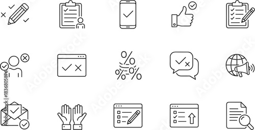 Approve and Check Line Icons Set, Testing, Voting, Online Survey, Feedback, Verification, Done, Examination, Checklist, Report, Document, Agreement, Mobile, Vector.