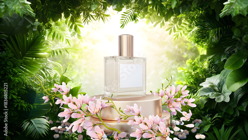 Luxurious glass perfume bottle on gold podium in lush green botanical garden, natural floral scent ad mockup.