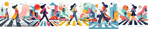 VECTOR WOMAN CROSSING THE ROAD WHITE BACKGROUND FLAT DESIGN