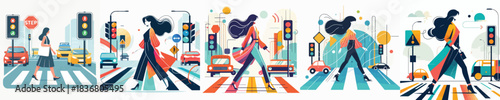 VECTOR WOMAN CROSSING THE ROAD WHITE BACKGROUND FLAT DESIGN