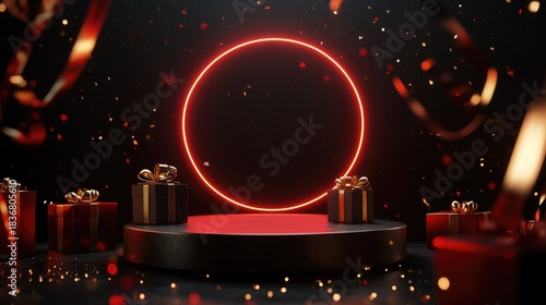 Festive Round Stage with Neon Circle Surrounded by Presents and Sparkles for Celebration Themes