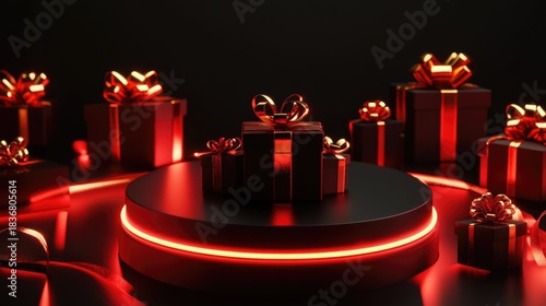 Elegant gift boxes with shiny ribbons and glowing red accents on a black podium for festive decorations