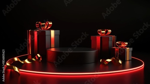 Elegant Black and Red Gift Presentation with Circular Display and Festive Ribbons on Dark Background