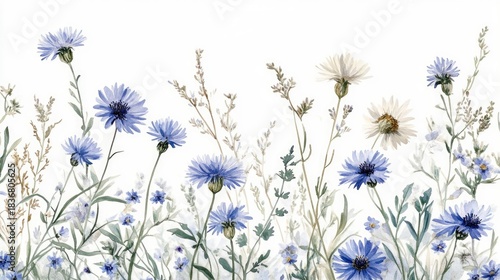 Beautiful watercolor floral arrangement featuring delicate blue and white flowers with green foliage on a white background