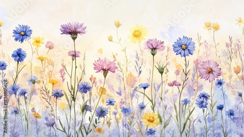 Colorful Watercolor Flowers in Bloom with Soft Pastel Background for Art and Design Projects