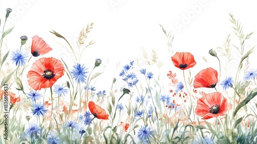 Vibrant Watercolor Floral Composition with Poppies and Blue Cornflowers on a White Background