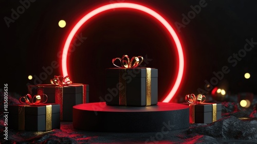 Elegant Black and Gold Gift Boxes with Neon Halo on Dark Background for Holiday Celebration and Decoration