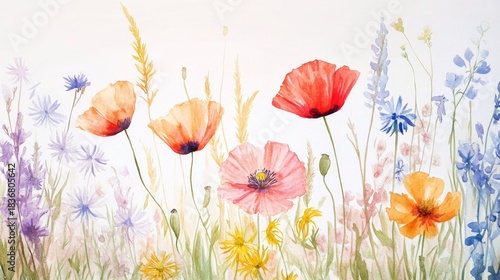 Colorful Watercolor Wildflowers in Bloom with a Soft Pastel Background for Nature and Interior Design Projects