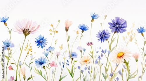 Delicate Watercolor Floral Arrangement with Various Flowers on a Soft White Background