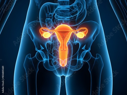medical x ray style anatomical illustration of the female pelvic region with uterus, fallopian tubes, and ovaries glowing in bright orange. Semi-transparent bones and lower abdomen, illuminated by bl