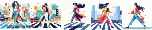 VECTOR WOMAN CROSSING THE ROAD WHITE BACKGROUND FLAT DESIGN
