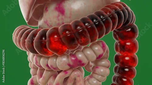3D rendering of inflamed human intestines with dark red contents, depicting a medical condition.