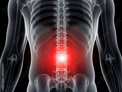 X-ray style photo of the human body showing bone pain highlighted with bright red glowing light on the affected area. Transparent skeletal structure, medical diagnostic look, high detail, realistic ra