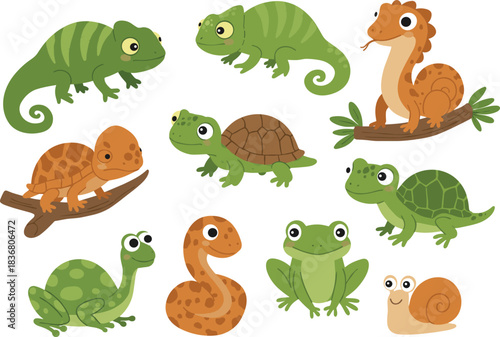 Cartoon reptiles, colorful amphibians, chameleons on branch, turtles and snakes, green frogs, frilled lizard, playful illustration, animal set, educational graphic, nature species, wildlife icons