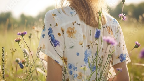 Young Woman in Floral Dress Surrounded by Colorful Wildflowers in a Sunlit Field During Warm Summer Day