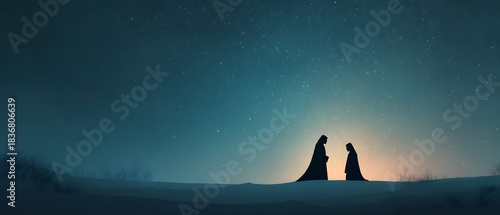 Minimalist silhouette of mary and joseph under a starry night sky