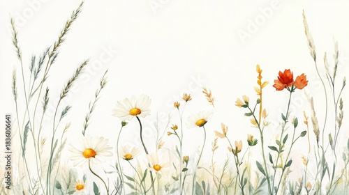 Beautiful Wildflower Meadow with Delicate Yellow and White Flowers and a Touch of Bright Orange Blossom