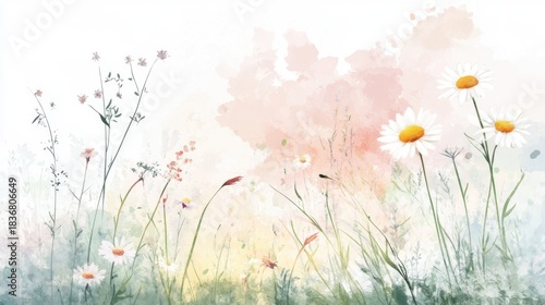 Serene Floral Landscape with Daisies and Wildflowers in Soft Pastel Colors for Gentle Nature Themes