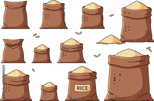 Cartoon rice sacks, grain storage illustration, food packaging design, agricultural theme vector, brown bag artwork, child-friendly style, cereal crop concept, farming supply graphic