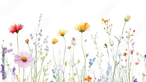 Beautiful Colorful Wildflowers with Watercolor Effect on a White Background for Nature and Floral Designs