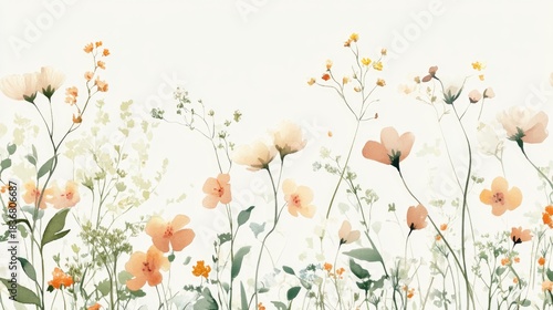 Soft Pastel Floral Arrangement with Delicate Blooms and Greenery on a Subtle Background